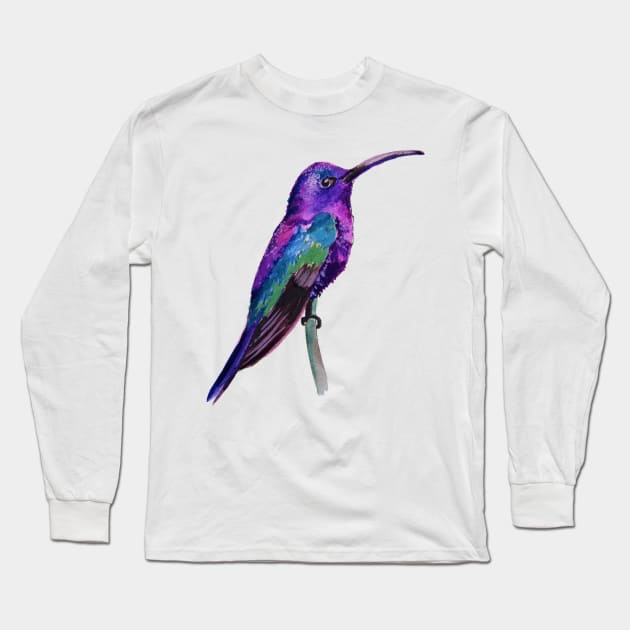 Violet Saberwing Hummingbird Watercolor Painting Long Sleeve T-Shirt by julyperson